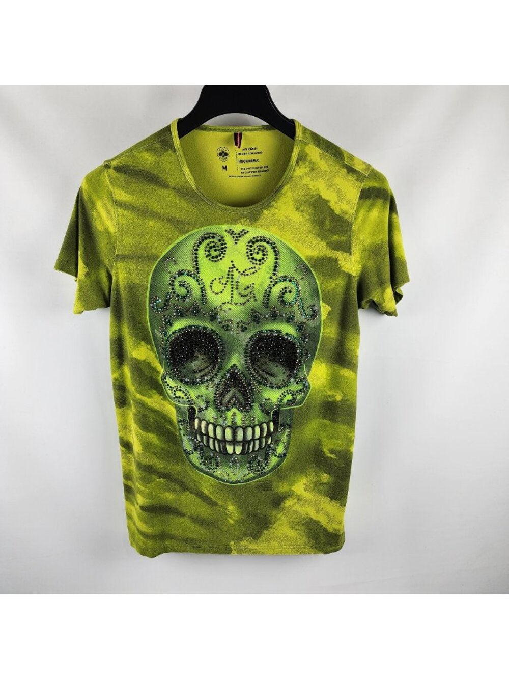 iAy Guey Shirt Women Medium Green Mexican Sugar Skull Design Bling Rhinestone